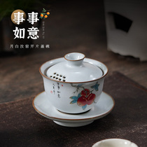 Moon White Ru Kiln Triple cover bowl open sheet Nourishing Ceramic Large Number Single Not Hot hand tea Tea Bowl event Ruyi