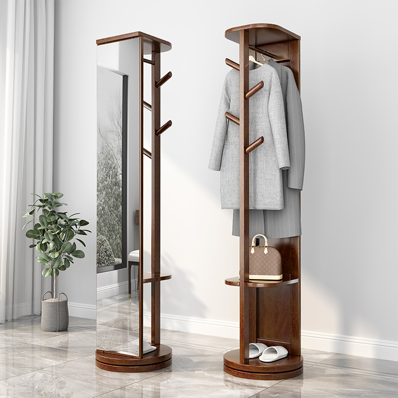 Solid wood full-body mirror multifunctional corner clothes hat rack full body mirror full body floor hanging clothes hanger integrated simple shelf