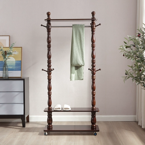 Solid wood clothes hanger floor-standing bedroom coat rack American style clothes hanger European style large clothes rack mobile living room Chinese style