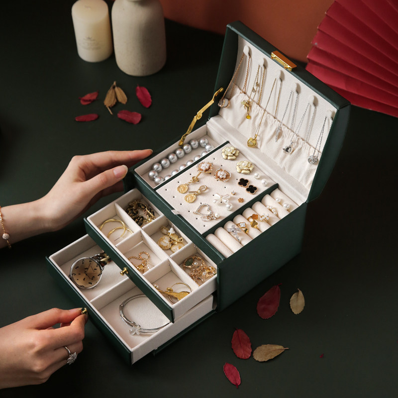 High-end jewelry box exquisite earring stud earring necklace storage box high-grade light luxury hand jewelry multi-layer with lock artifact