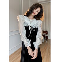 Wei Yanni Santa Rita 2021 Autumn Winter lace V-neck black velvet dress high waist A- line dress dress