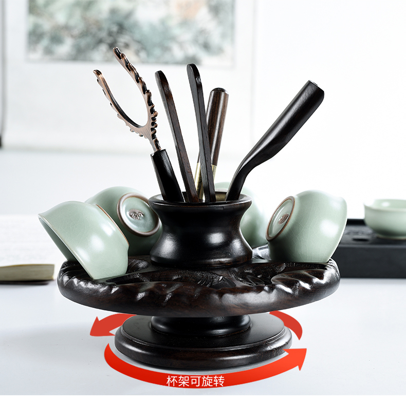 Ebony tea ceremony six gentlemen solid wood set rotating cool cup holder kung fu tea set Tea Cup storage rack tea accessories