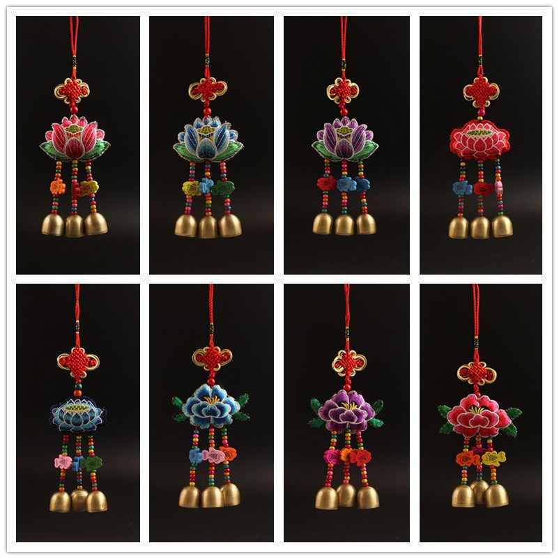 Lotus peony handmade wind chime decoration pendant wind bell auspicious blessing cloth art colorful Buddhist hall home decoration