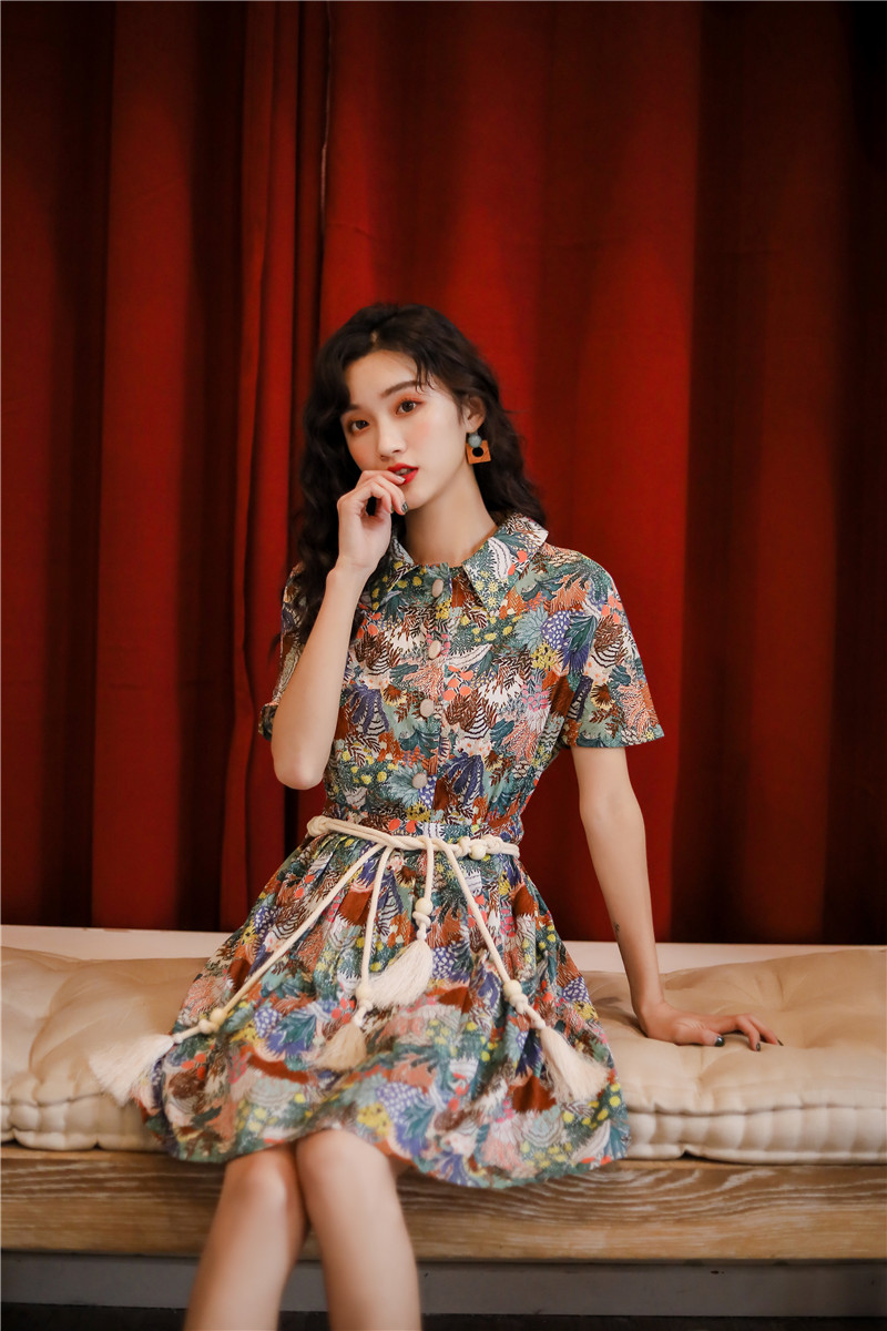 VK旗艦店 韓系復古花色顯瘦腰帶襯衫氣質短袖洋裝