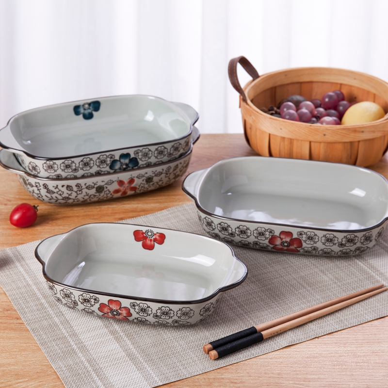 Japanese double-ear rectangular baked dish fruit dish baking dish ceramic creative pack plate household