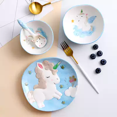 Children's bowl chopsticks set Rabbit Baby eating bowl ceramic tableware cute cartoon student home unicorn Bowl