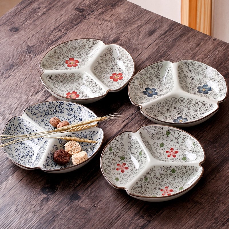 Jingdezhen ceramic fruit platter creative multi-grid plate three-grid fruit plate children's meal plate household adult rice bowl