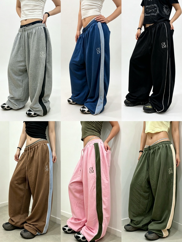 Offlinemode Spring and Summer Thin Wide-Leg Water-Style Pants with Side Stitching and Two-Stripe Embroidery Sports Sweatpants Offlinemode Spring and Summer Thin Wide-Leg Water-Style Pants with Side Stitching and Two-Stripe Embroidery Sports Sweatpants