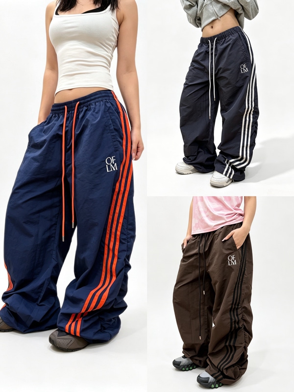 Offlinemode Spring and Summer Thin Quick-Drying Three-Stripe Pleated Pants Loose Breathable Sports Style Striped Paratrooper Pants Offlinemode Spring and Summer Thin Quick-Drying Three-Stripe Pleated Pants Loose Breathable Sports Style Striped Paratrooper Pants