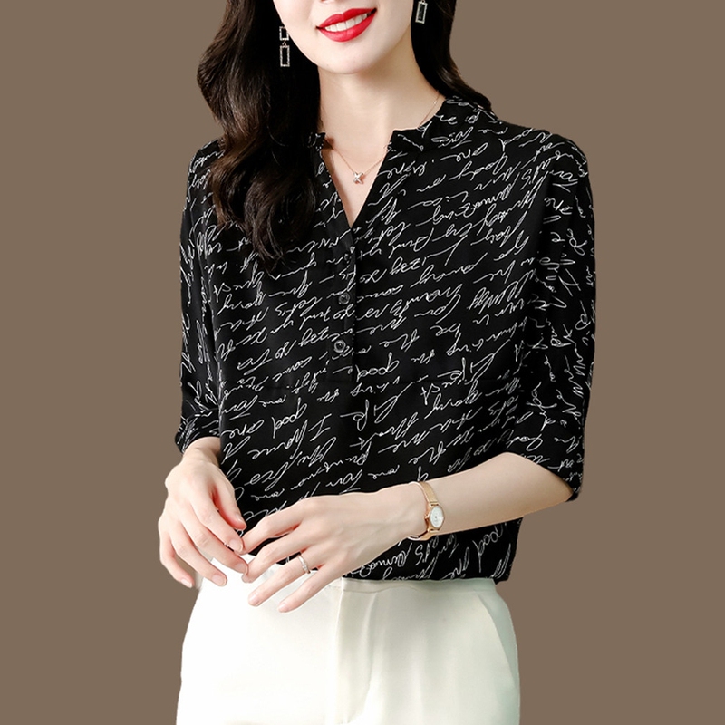 Black V-Neck Shirt for Women, 2026 Summer Style, Loose and Fashionable Blouse for Moms, Plus Size, Tummy-Covering Chiffon Lettered Shirt