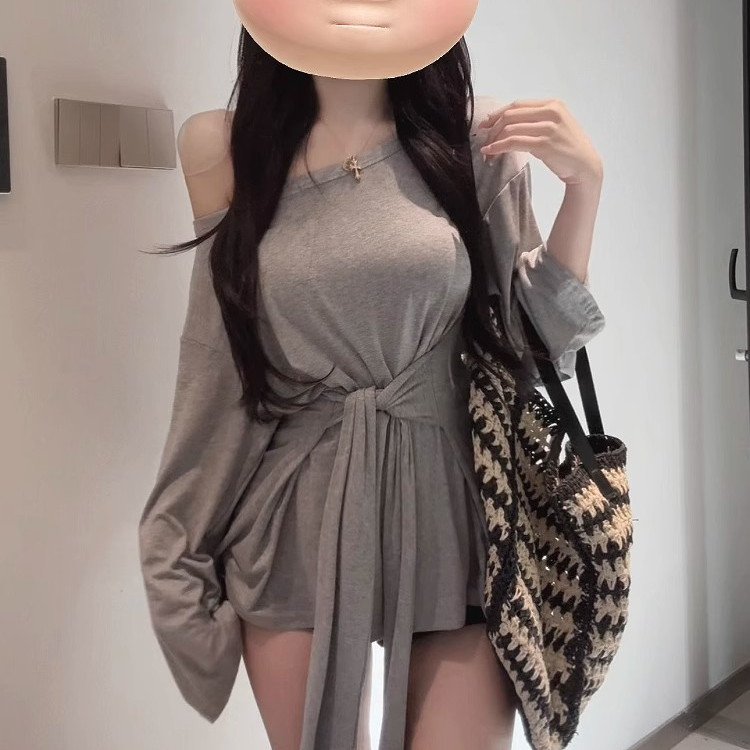 2025 Korean Style Lazy and Loose Fit Slimming Top with a Large Neckline, Unique Off-Shoulder Tie Waist T-Shirt for Women