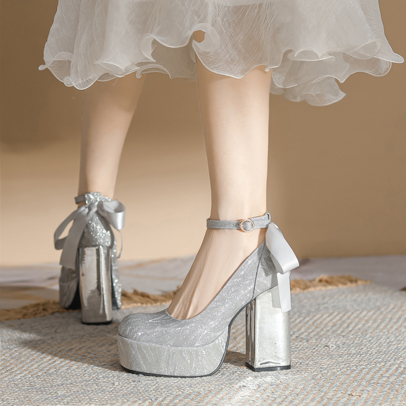 12cm Height-Increasing Silver High-Heeled Shoes for Petite Women, Chunky Heel, French Mary Jane Wedding Shoes, Thick-Soled Waterproof Platform French-Style Single Shoes 12cm Height-Increasing Silver High-Heeled Shoes for Petite Women, Chunky Heel, French Mary Jane Wedding Shoes, Thick-Soled Waterproof Platform French-Style Single Shoes