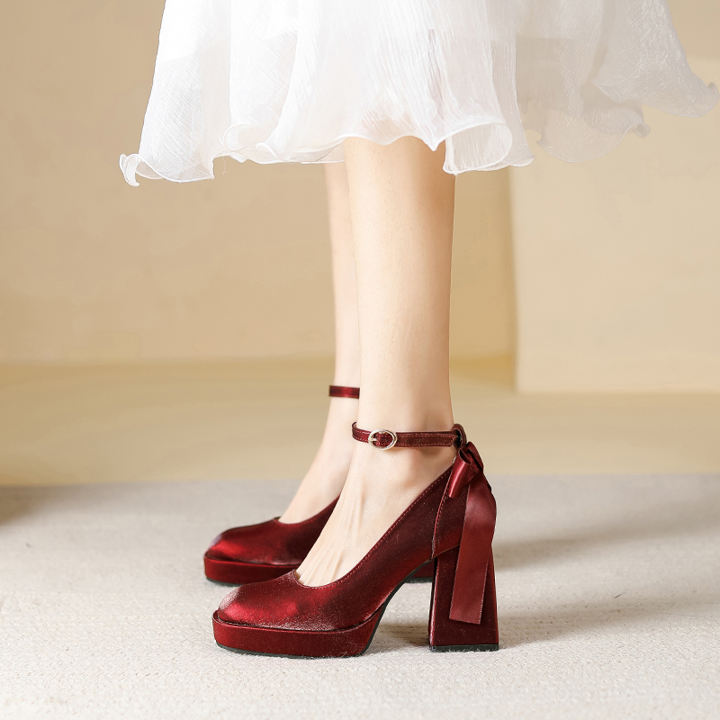 Fan-style small sub super high heel shoes female coarse heel red show and wedding shoes bridal shoes 2023 fall square head single shoes-Taobao