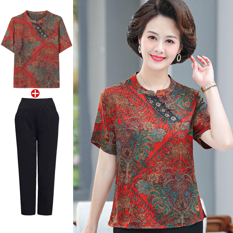 Middle aged women's dress large size Hangzhou silk real silk blouse mother summer clothes mulberry silk short sleeve t-shirt foreign pie suit