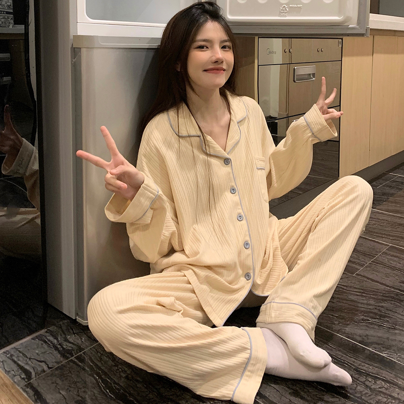 Spring Cotton Pajamas, Spring and Autumn Women's Cardigan, Large Size Long-Sleeved Long Pants, Spring and Autumn Style Home Wear Set