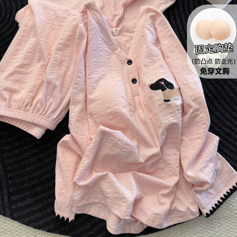 Pajamas for Women, New Autum Style, Long-Sleeved Pants, Knitted Cotton, Can Be Worn Outside, Pink Cartoon with Chest Pad, Home Wear Set Pajamas for Women, New Autum Style, Long-Sleeved Pants, Knitted Cotton, Can Be Worn Outside, Pink Cartoon with Chest Pad, Home Wear Set