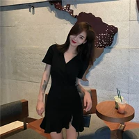 快 Han Style Chic Temperament V-eo High Eo Slim Dress Nữ mùa hè Slim Slim Ruffle Váy 	váy cắt eo	