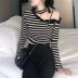 Flushing Han Style Chic Heart Lace Off-the-Shoulder Halter Hàng dệt kim Nữ mùa thu sọc mỏng tay dài hàng đầu áo thun Áo / áo thun