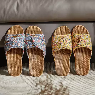 Flax slippers women spring and summer Chinese wind Rattan woven mat fabric foot-proof women's home floor silent and silent