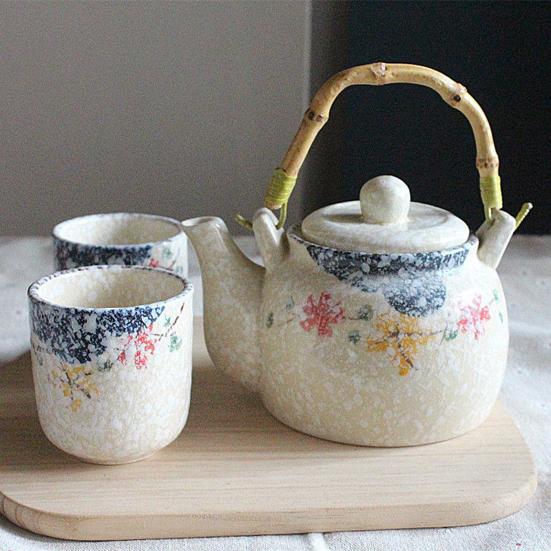 Green Maple Leaf Japan Style Snowflake teapot color glazed hand-painted ceramic jug Heat-resistant Kettle Bamboo Rattan handlebar jug package tea set