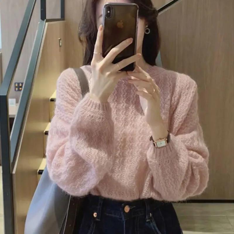 French Retro Gentle Style Pink Puff Sleeve Pullover Knitwear for Women in Autumn and Winter Lazy Style Soft Waxy Inner Knitwear