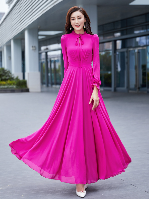 2025 New Summer Elegant Slim-Fit Long-Sleeve Chiffon Dress, Slimming and Age-Reducing, Super Fairy-Like, Long Style for Beach Travel