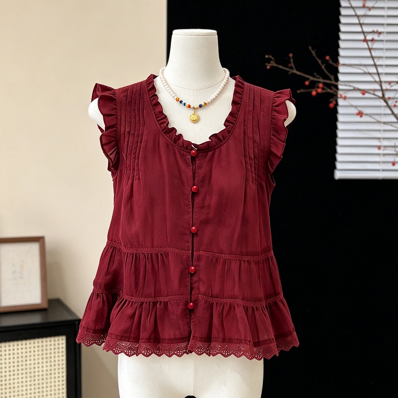 High-End Lace Splicing Ruffled Short-Sleeve Top for Women, 2026 Summer New Style, Red, Slimming and Versatile Shirt High-End Lace Splicing Ruffled Short-Sleeve Top for Women, 2026 Summer New Style, Red, Slimming and Versatile Shirt