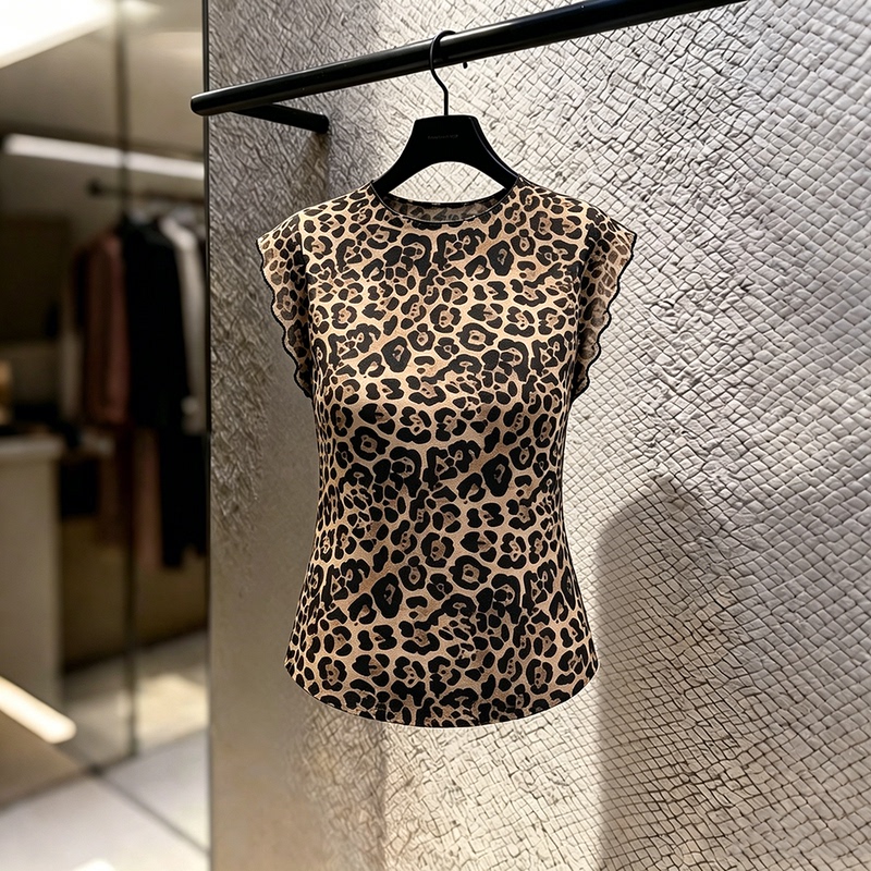 High-End Retro Leopard Print Short-Sleeved Tops for Women, New Summer Style, Slimming, Stylish, Versatile, Trendy Tops with Wavy Edges