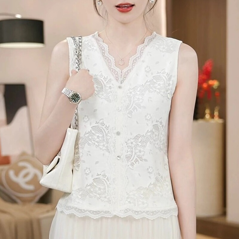 High-End V-Neck Lace Vest for Women, Summer 2026 New Jacquard Slim-Fit Layered Sleeveless Inner Top