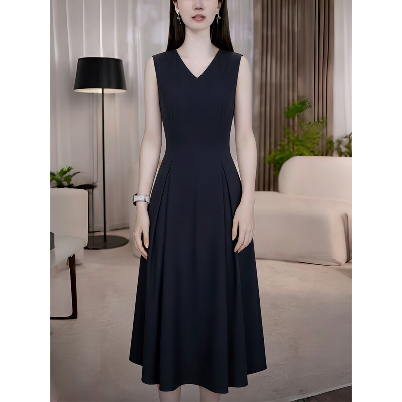 Elegant Slim-Fit Sleeveless A-Line Tank Dress Little Black Dress for Women 2026 Summer New V-Neck Mid-Length Black Dress