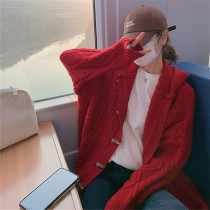 GIILCD red hooded sweater womens autumn and winter cardigan horn button twist sweater loose mid-length coat