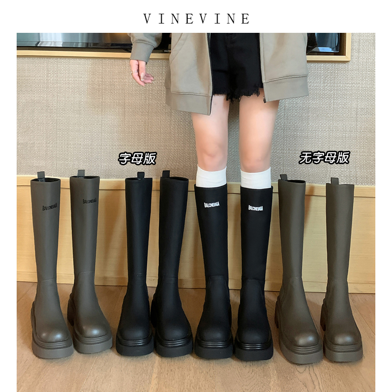 Paris-Style Letter Boots for Petite Individuals, Height-Increasing Thick-Soled Genuine Leather Boots, Round-Toe Black Slimming Long Riding Boots