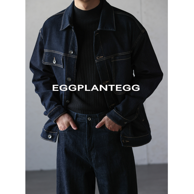 Eggplantegg Retro Simple and Luxurious Open-Stitch Boxy Loose Workwear Denim Lapel Jacket for Men in Autumn