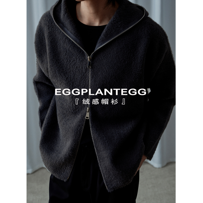 Eggplantegg `Faux Fur Integrated` Double Zipper Hooded Jacket Men's Loose Fit Casual Hoodie