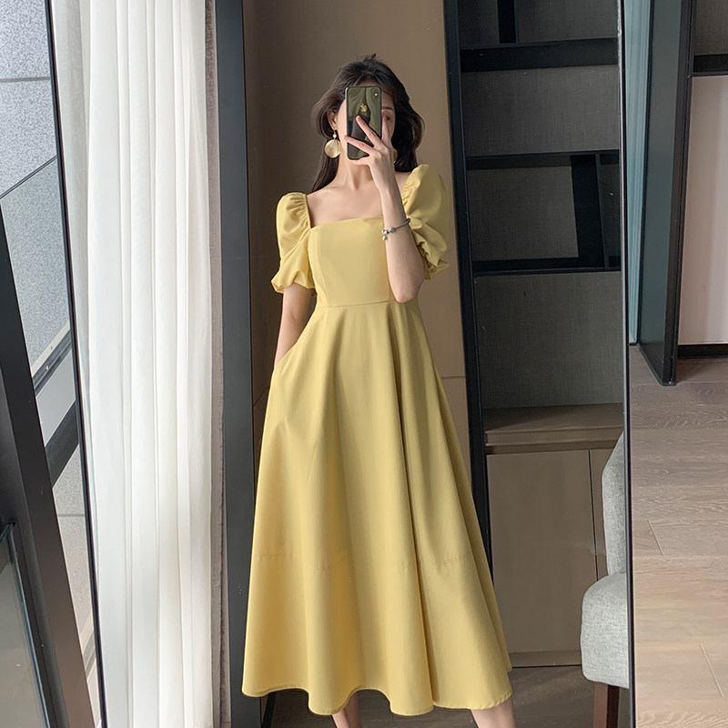 FT GUOGE Yellow Dress Woman 2023 Summer New Fair Collects Waist Skin Bubble Sleeve Sleeve
