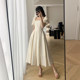 FTGUOGE Square Neck Dress Women 2023 Summer New French Tea Break Waist Puff Sleeve Gentle Wind Long Dress