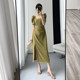 Guoge customized green dress female 2023 summer new high-end waistline slim temperament square collar long skirt