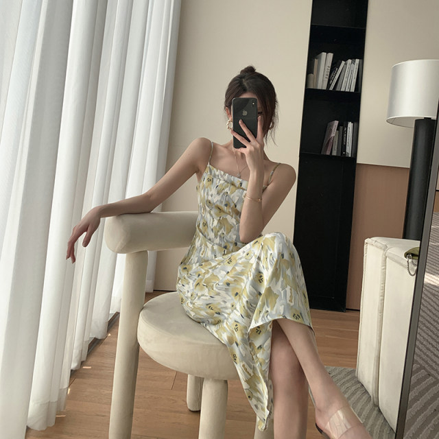 FTGUOGE Green Suspender Dress Women 2023 Summer New French Waist Slim Seaside Vacation Floral Dress