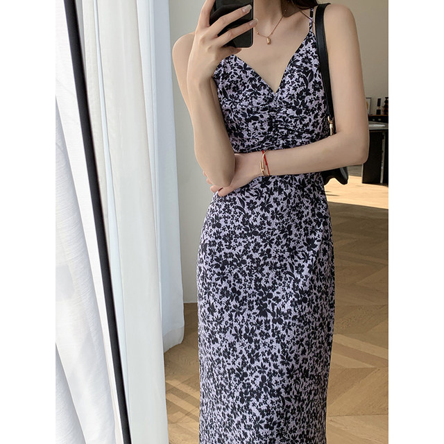 Guoge custom sling dress female 2023 summer new French style waist slimming chiffon floral skirt