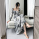 Guoge custom printed dress female 2023 spring new long-sleeved French retro waist slimming ink long skirt