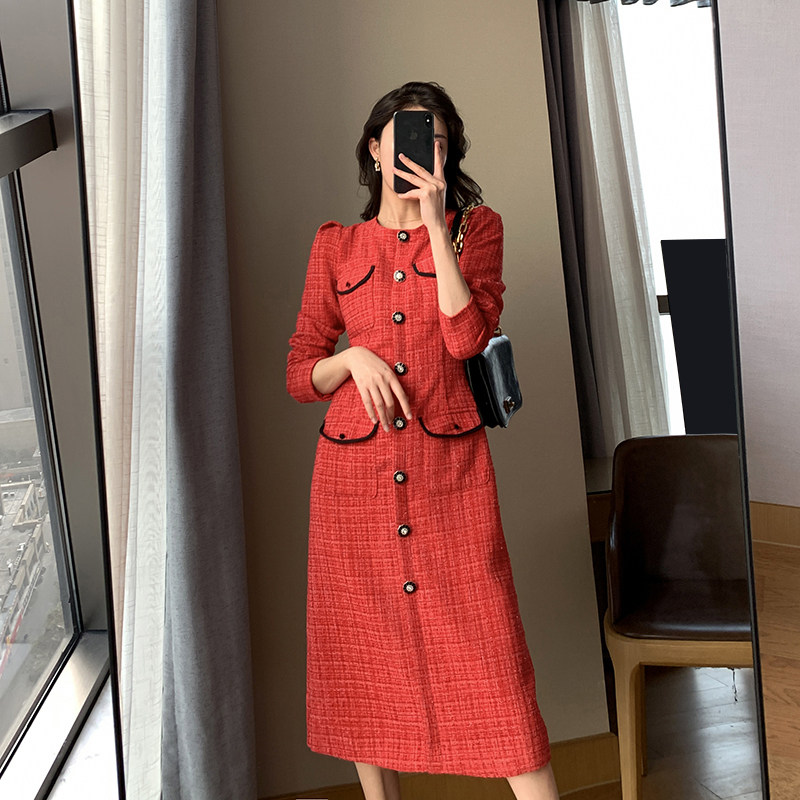 FT GUOGE red small fragrant wind Annual dress Women 2022 Autumn loaded with new year Happy New Year's Eve Knees Long Dress