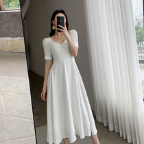 FT GUOGE white square collar dress 2022 summer new embroidered goddess Van over knee long dress