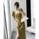 Guoge customized green dress female 2023 summer new high-end waistline slim temperament square collar long skirt