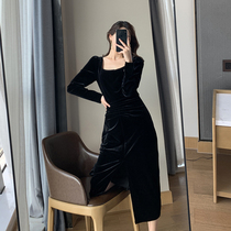 FT GUOGE black gold velvet dress with dress woman 2022 autumn and winter new square collar temperament Herbenwind open fork long dress