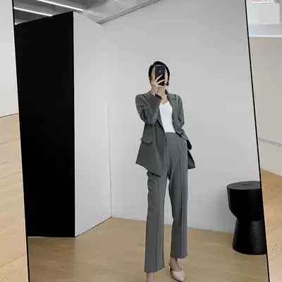 Guo Ge custom fashion suit women 2021 spring new Korean version of gray blazer high waist wide leg trousers