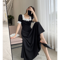 FT GUOGE black one-piece dress woman 2022 summer new lace square collar Herbenstyle Waist Temperament Over Knee Long Skirt