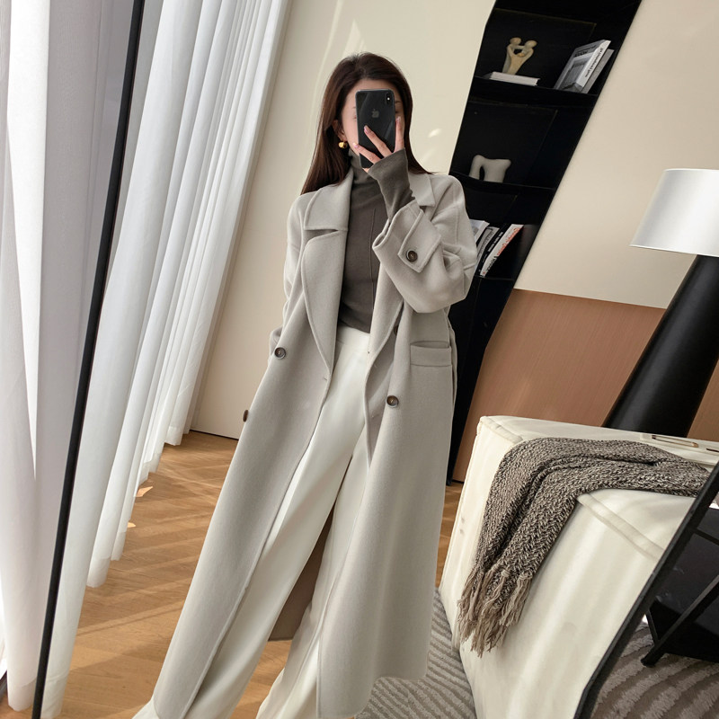 FT GUOGE light grey double face wool coat woman winter 2021 new high-end medium long version of fur coats