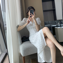 Goo Custom Crushed Flowers Dress dress Women 2022 Summer new V collar waist display slim temperament Blister Sleeves Long Skirt