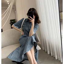 FT GUOGE blue denim dress dress Women 2022 Summer new French style cashew slim temperament fish tail dress