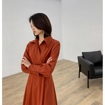 2020 autumn new brick red long-sleeved mid-length over-the-knee dress female Korean A-line waist temperament shirt